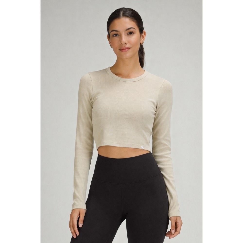 Lululemon Ribbed Long Sleeve Crop Top Cream Fitted Stretch Athleisure Shirt